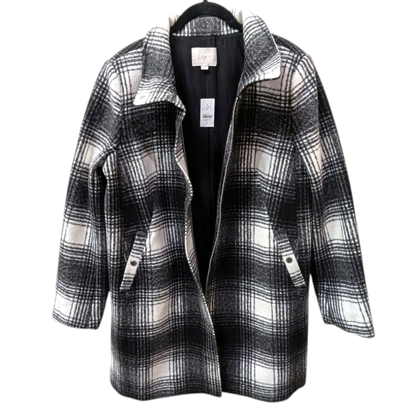 {FLAW} Lane Bryant Black and White Plaid Funnel Neck Pea Car Wool Blend Coat (M) - Picture 5 of 11